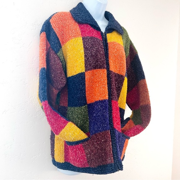 Invisible World Juneau Alaska Handknit Rainbow Patchwork Cotton Wool Zip Sweater - Picture 4 of 10